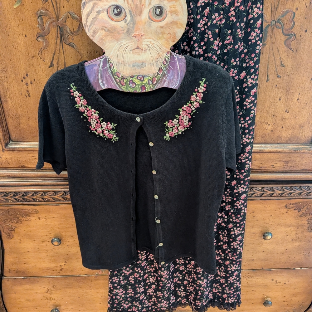 Black Floral Embroidered Cardigan and Skirt Set